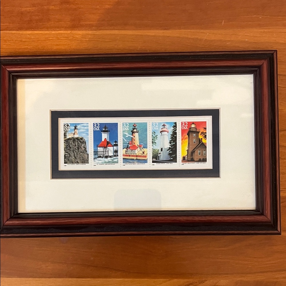 Vintage framed lighthouse stamps - nautical art
